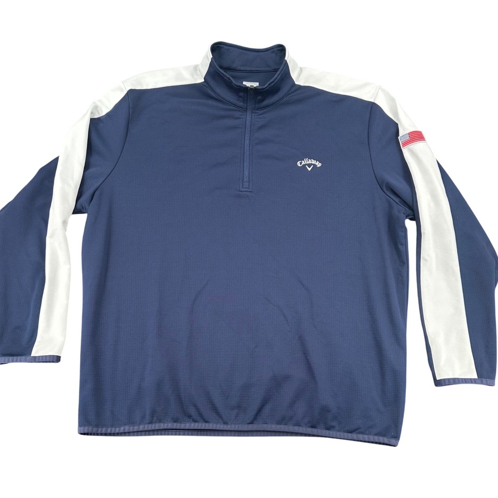 Callaway Mens XXL Opti-Dri Quarter Zip Golf Pullover Navy Blue USA‎ Flag Patch
